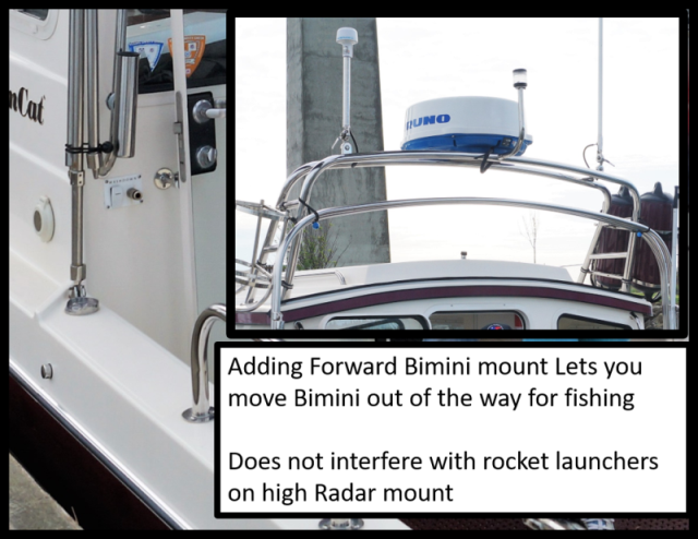 Additional Bimini mounts allow you to move bimini out of the way against bulkhead for fishing