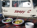 Breakfast on the dock alongside SleepyC.  Color matched, pop-up bowls. 2009 