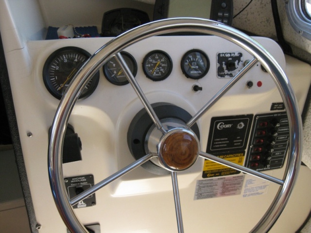 helm with tach, trim indicator, cooling water pressure, voltmeter