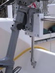 Outboard storage bracket for inflatable.  Mounted on factory SS transom rail.  Idea borrowed from Peter on C-Dancer.