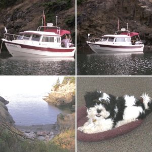 Pat and Baxter in Dinghy at Matia Cove 8-11-06