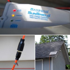 12 watt Solar Panel (battery maintainer)
Mounted on storage shed roof near boat. Took 50' extention cord and cut 18" off female end and attached it to a small solar controller (picture 3) in Lazerette attached to main cranking battery. Attached the long piece to the Solar panel. When connected (pic 2) I have automatic battery maintenance. I leave switch on both so the whole system is maintained. A small switch was added to turn off the battery combiner during solar charging.