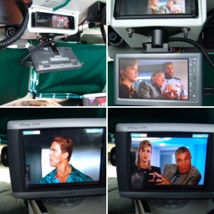 Top center is a JVC CD/DVD/HD Radio with 3.5", below is a 7" monitor, on the dash is the Garmin 5208. Left of center is a Radio Shack CB and to the right is a West Marine DSC/VHF. To the right of the Garmin is a Uniden hand held GPS/VHF backup. Very top center is sensor for alarm system.