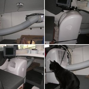 Final 12k Btu, removable A/C. SPT brand from Pep Boys @$479. 9k Btu was $379. No drain needed. Clears 65 pts. water/day w/o drain line. Air output can be directed straight up.