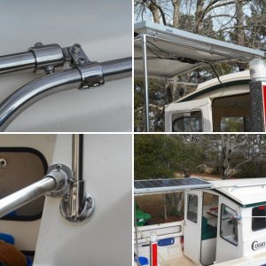 I used this idea for several years and realized 200 watts was overkill for me.  I remounted one 100 watt panel on standoffs on the middle of the roof.  This clears the hand rails and looks neater.