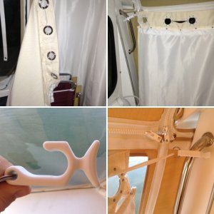 01 Marinaut 215 cockpit temporary portable toilet enclosure.  This enclosure is very private, and because the sides are flexible can easily expand out to about 3 feet wide.  (In this picture, the enclosure falsely appears to be only 18 inches wide because the wind, blowing into the cockpit from the right is pushing the curtain in toward the stern.)