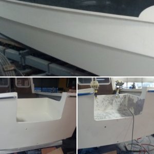 Transom Complete but the gelcoat would not bind to the West System so stripped the gelcoat off and setup to paint.