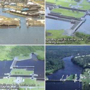 W.P Franklin Lock: Lock chamber:56'x400'- Vertical lift:Sea level to Caloosahatchee River, 2' to 3'- Discharge capacity 28,900 cfs(cubic feet per second)Operates daily 6:00A to 9:30P-Marine VHF radio Channel 13-Located at Okeechobee Waterway 
statute mile 121.4  NOTE: The Okeechobee Waterway ends/starts at Day Beacon #101, in San Carlos Bay.