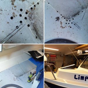 On the original setup, the fuel filter was between the tanks and screwed to the deck.  It's now hung temporarily from an outboard bolt (above the bilge pump) and exploratory holes have been drilled to find out the condition of the balsa core where it has been breached to install hold-downs for the various gear.