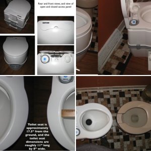 Thetford Curve vs Standard Home Toilet. As taken from Thetford's website, here are some of the specifications: 
- --Height: 17-5/8"	Fresh Water: 4.0 gal 
---Depth: 17-3/4" Waste Tank: 5.5 gal 
--- Width: 15-1/4" Average Flushes: 56 
--- Battery-powered flush