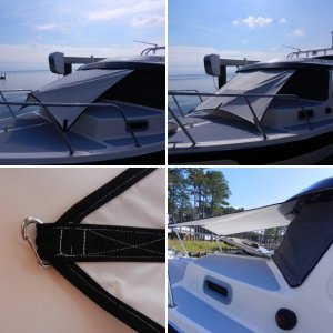 Awning was a basic square (I'll update side dimensions when I get back down to the boat).  Sides were cut with a curve to stretch tight when corners were pulled.  We used some leftover "Oyster" Sunbrella fabric.