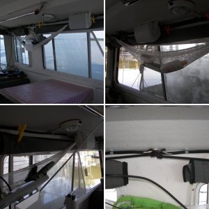 Shock cords on small cleats over windows allow you to hang things, tie up the forward fenders and clip the window covers in varying positions to fit the conditions.
