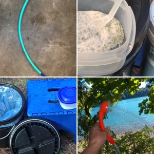 This a 2 gallon bucket with a water-tight "gamma" lid.  A double layer plastic bag goes under the lip and the lid screws down.  The folding stool is used to get in and out of the boat, but also brings the height of the toilet to a comfy position.
