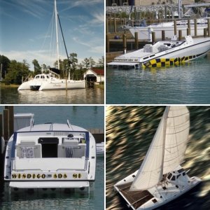 Atlantic 42 catamaran: corecell foam sandwiches left and center (light as a feather)
Saber 28 Offshore transom plug, "Windigo": on right,
transom has five layers vinyl ester FG / balsa / vinyl ester FG / marine plywood / vinyl ester FG (built like a tank).