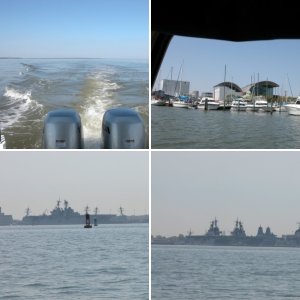 (Sea Angel) Sweet ride south down the James River from the Pagan River to the James River Bridge as we approach the Newport News Shipyard and coal piers
