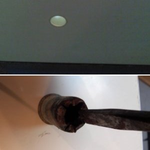 I removed all the fittings from the deck and transom as part of my balsa core repairs.  This is just to show how I removed the splash well brass through hull fittings to check for rot.  I used a cold chisel to tap the lip in.  First, at 90 degrees around the edge to form a four leaf clover, then an eight petal flower, etc., until the lip is pushed inside of the hole.