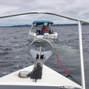 Media 'Water in the fuel just 3 miles from home. Glenn (friend) towed us into Comox marina.' in album 'Dodd Narrows, heading South.'