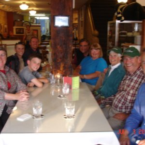 July 2008 at the Colophon Cafe: Ruth & Joe, R-MATEY; Bill, El, their son Brad & 2 grandsons (HALCYON); Pat & Patty, DAYDREAM.