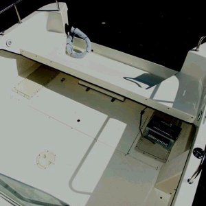 Media 'Deck view with fish box and larger hatch lids in place.' in album 'Jerry And Helen's New 25. Cream exterior and nonskid with Nomad accent. Interior fabric will be Taupe. (All Photos Courtesy Of Les Lampman - Thanks Les)!  3/8/04'