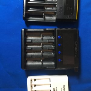 Three battery chargers: from top Nitecore Intilcharger I4, Eastshine S4 and Panasonic