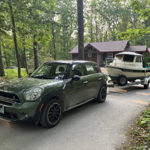 Mini Countryman towing C-Dory (just three miles to local launch)