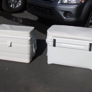 Both 65 quart coolers the Igloo on left and the Engel on right. Externally the Engel is both heavier and bigger due to the extra insulation thickness. They are both the same size internally. Supposed to hold ice much longer. We use a 120 quart Igloo for fishing which are just day trips so ice keeping isn't as critical as weekly cruises, Will-C