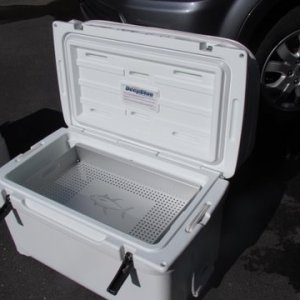 Bought an aluminum bait tray to keep things up out of the water,it fits both coolers so the Igloo will probably go on to serve on bait duty, for blood worms , grass shrimp, plug herring, etc
