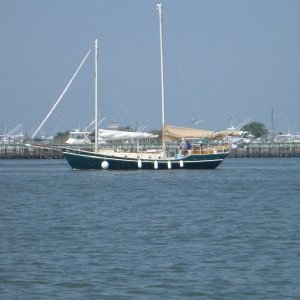 Media 'P1000773' in album 'Junior the Dink, anchored near the Cape May Coast Guard station. Great spot continuous boat traffic in a no wake zone. About  one mile dink ride to The Loster House Restaurant'
