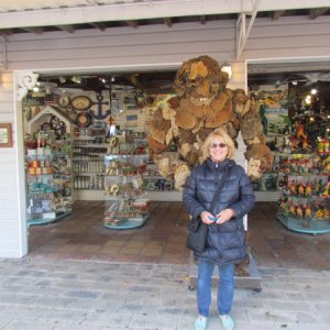 Cold Afternoon and windy. Ginny in front of the sponge man at the natural sponge shop