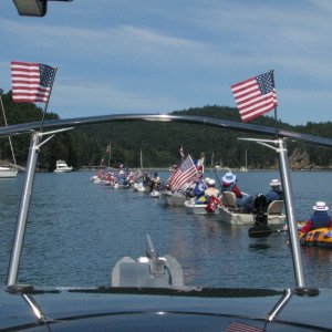 2011 4th of July Port Townsend YC dingy parade at Reid Harbor on Stuart Island in the San Juan islands.  I was almost the same size as most of their dingy's. The fun part, most of them didn't know I was there until the end of the parade.