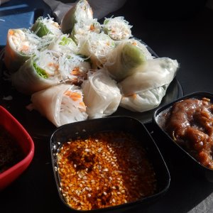 spring rolls and 3 dipping sauces