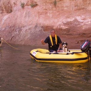 Pat and Baxter in Dinghy in Twilight Canyon 9-20-08