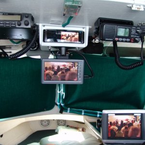 Media 'Top center is a JVC CD/DVD/HD Radio with 3.5", below is a 7" monitor, on the dash is the Garmin 5208. Left of center is a Radio Shack CB and to the right is a West Marine DSC/VHF. To the right of the Garmin is a Uniden hand held GPS/VHF backup. Very top center is sensor for alarm system.' in album 'Top center is a JVC CD/DVD/HD Radio with 3.5", below is a 7" monitor, on the dash is the Garmin 5208. Left of center is a Radio Shack CB and to the right is a West Marine DSC/VHF. To the right of the Garmin is a Uniden hand held GPS/VHF backup. Very top center is sensor for alarm system.'