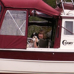 Patty and Baxter on Daydream at Anchor 5-25-07