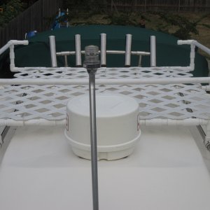 Storage rack can carry 4 square crab pots, extra gear, etc.