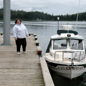 Helen streaching her legs at Taku Harbor public dock