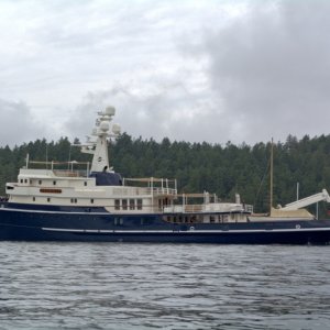 Media 'Pulling into Friday Harbor and theres the fancy adventure yacht Seawolfe which is normally moored in Lake Union. What a beauty she is. It\'s worth a few minutes to look her up and read her history.' in album 'Departing Genoa Bay early on a rainy morning'
