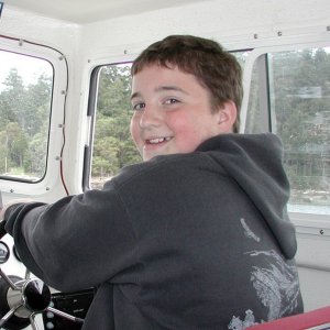 Media 'Austin at Helm of Daydream, San Juan Isalnds, 5-3-03' in album 'First Time Wet, Mercer Island Boat Launch, Lake Washington, 2-15-03'