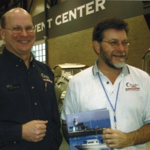 (Ruth & Joe) Last weekend at the SBS: Scott Matthews of C-Dory & Les Lampman of EQ Marine.