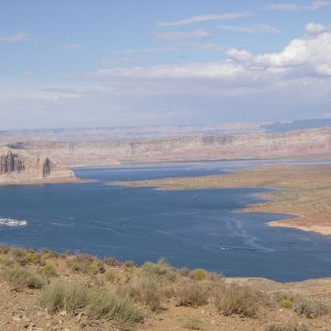 View of the marina at Wahweap Bay with Castle Rock Cut in the distance. Lake level 3636.