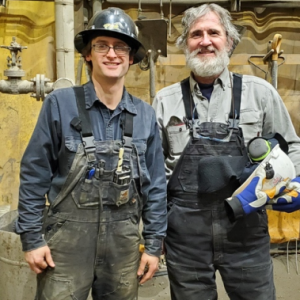 Tim Jr. & Oliver, an old co worker of mine,
At Milne Pt. Grind & Inject Plant on the North Slope. Any thing that comes out of the hole during drilling has to be ground up, mixed in a water, drilling mud slurry & Injected down hole.