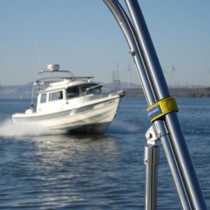 Steve, (sea spray) running fast.  Jumpy shot, didn't want to leave the helm long while in hyper drive.