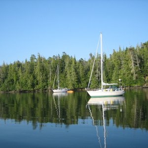 One of many beautiful anchorages on the inside passage.  This is Goat Cove on Finlayson Channel.