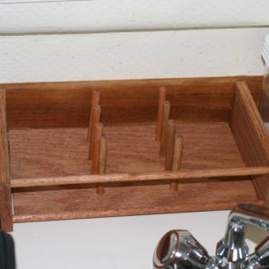 Removable dish rack - made with sheet of oak and eight 3" pieces of 3/8" dowels
