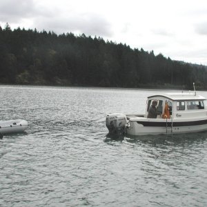 Daydream on the Hook, Austin in Dinghy, Garrison Bay, San Juan Island, 6-22-03