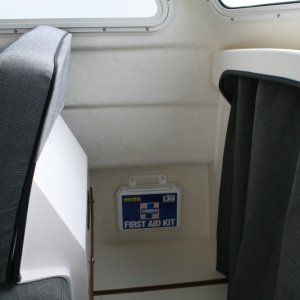 First Aid kit secured to Port in-side hull with Velcro stips