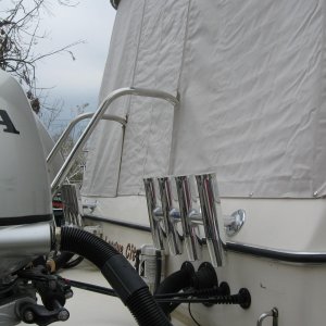 Media 'Rear quarter.  Rod holders were subsequently relocated higher to allow the outboards to be fully rotated up.' in album 'IMG 5087'