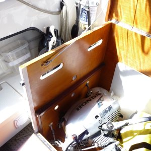 Media '8. Cockpit Storage Box' in album '1. Cockpit Storage Box. We like to cruise the British Columbia Coast for a month at a time in the summer. With shorter trips throught the year. This box helps to keep our clutter of gear and stuff a little more tolerable, also secure when we leave the boat.'