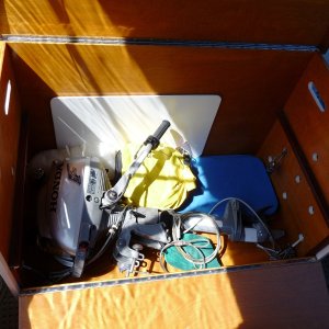 Media '10. Cockpit Storage Box' in album '1. Cockpit Storage Box. We like to cruise the British Columbia Coast for a month at a time in the summer. With shorter trips throught the year. This box helps to keep our clutter of gear and stuff a little more tolerable, also secure when we leave the boat.'