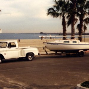 During graduate school, my San Juan 21 was, if ugly, a superior sailing boat.  With my 1965 Chevy Stepside -- in San Pedro 1988.